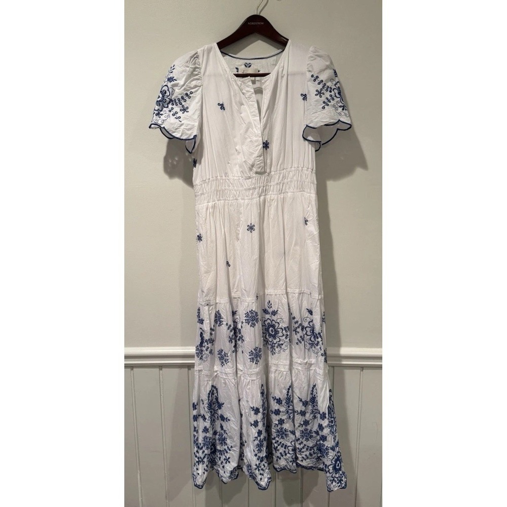 Anthropologie The Somerset Maxi Dress Womens Embroidered Eyelet Large Blue White - Picture 5 of 9